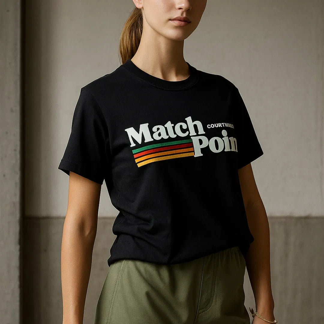 Men's black t-shirt with 3D printed pattern, round neck and short sleeves showing size options