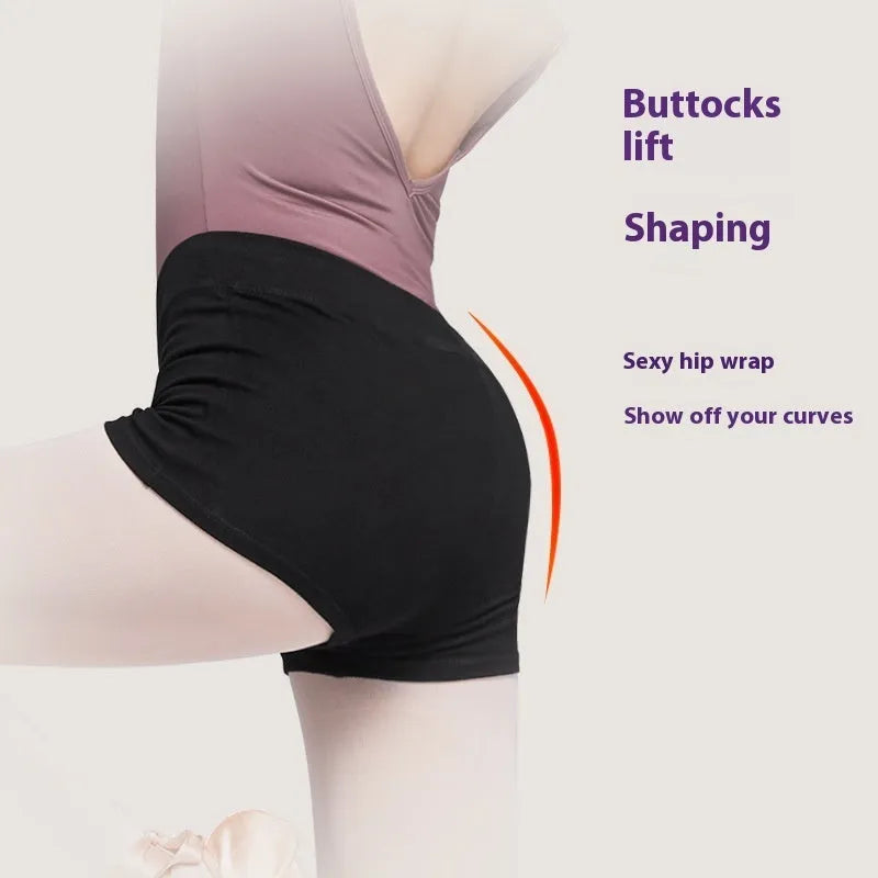 Black cotton ballet practice shorts for women in solid colour with sizing options