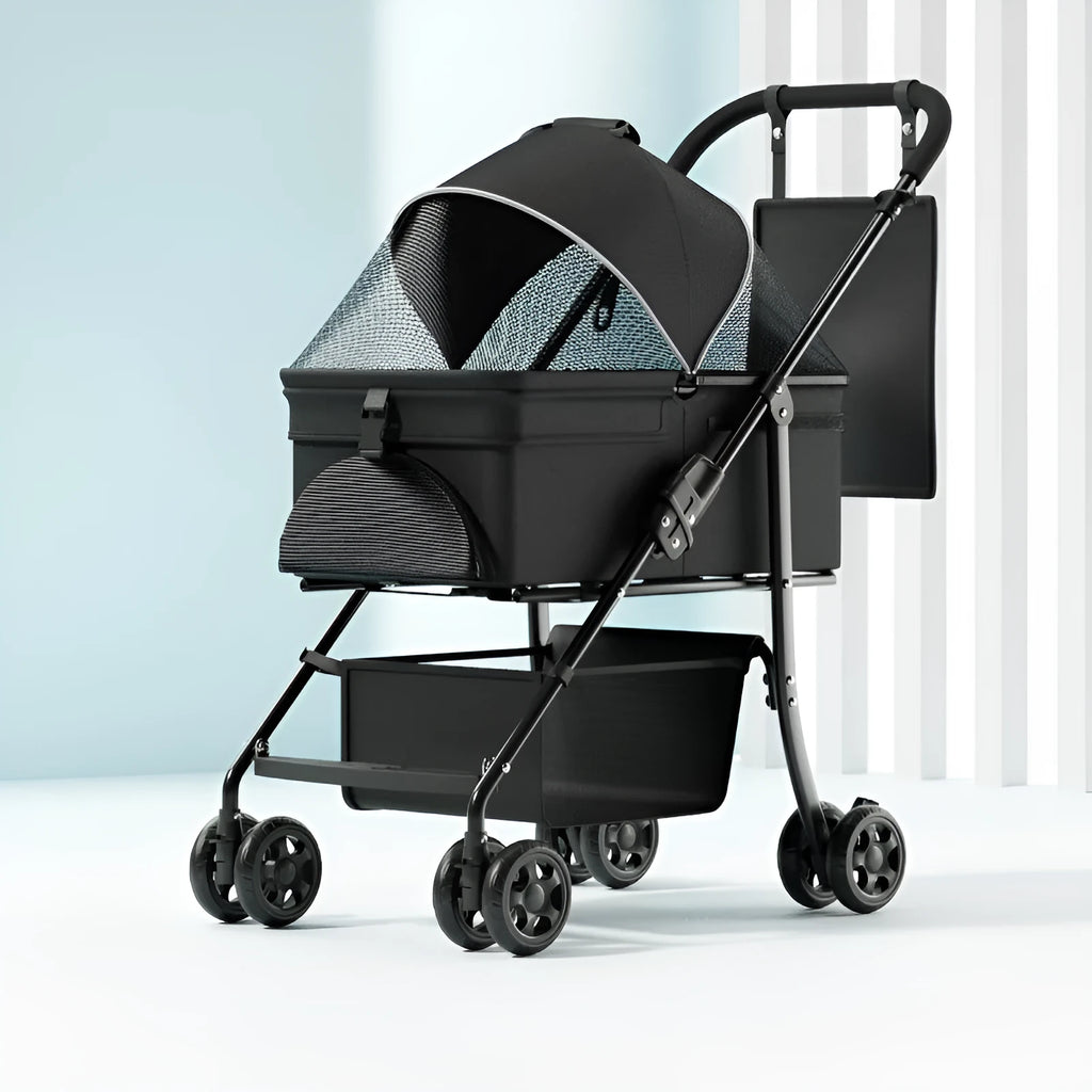 Black metal pet cart with removable wheels in folded position showing one-click folding mechanism
