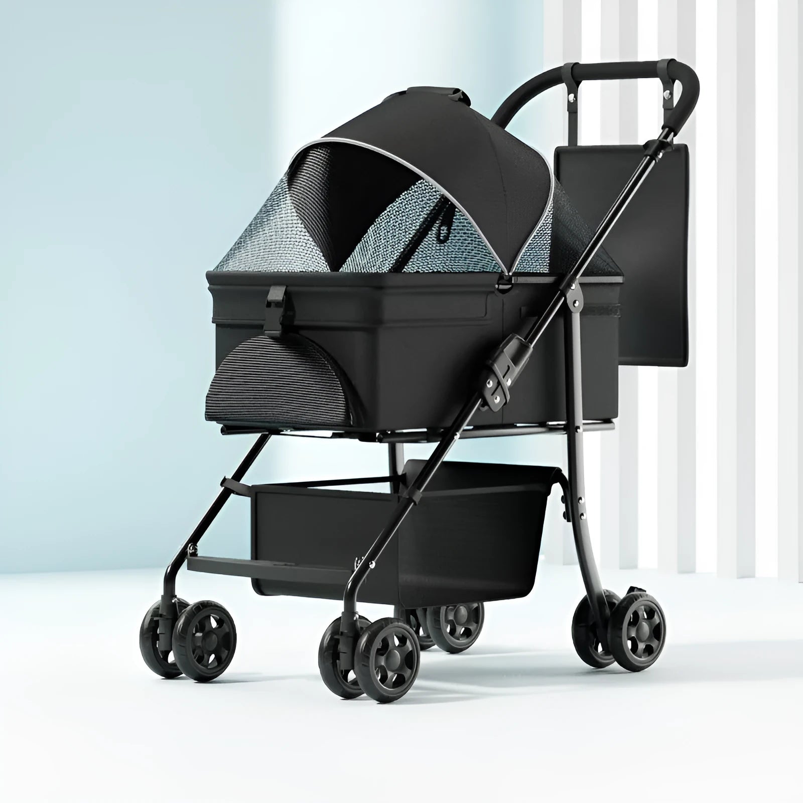 Black metal pet cart with removable wheels in folded position showing one-click folding mechanism