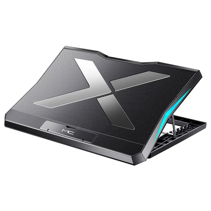 Black foldable laptop cooler stand with six fans, metal mesh surface and adjustable angle, 368 x 273 x 28 mm