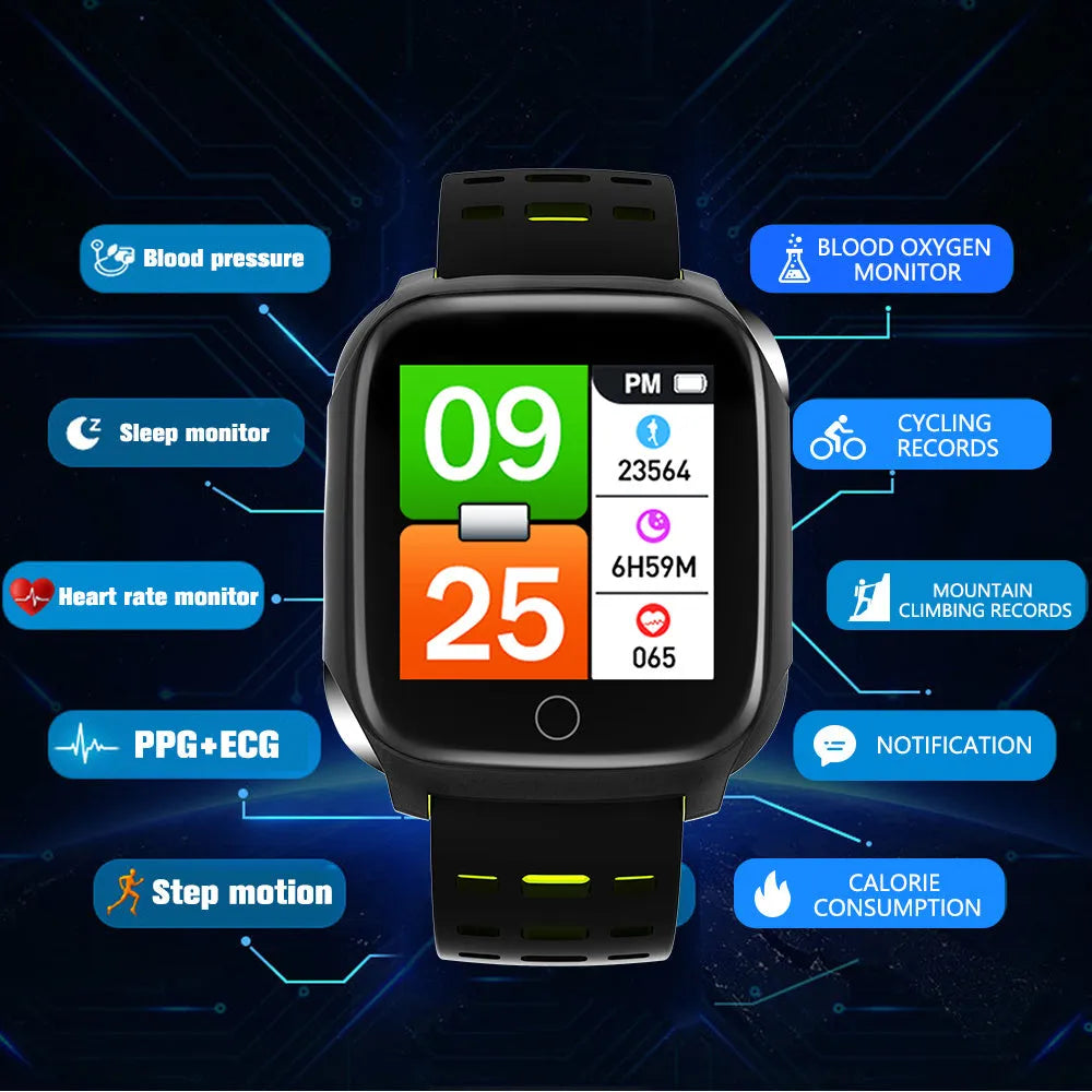 F16 smart watch with ECG monitor on a silicone strap, showing the 43mm IPS display in a black and grey colour option.