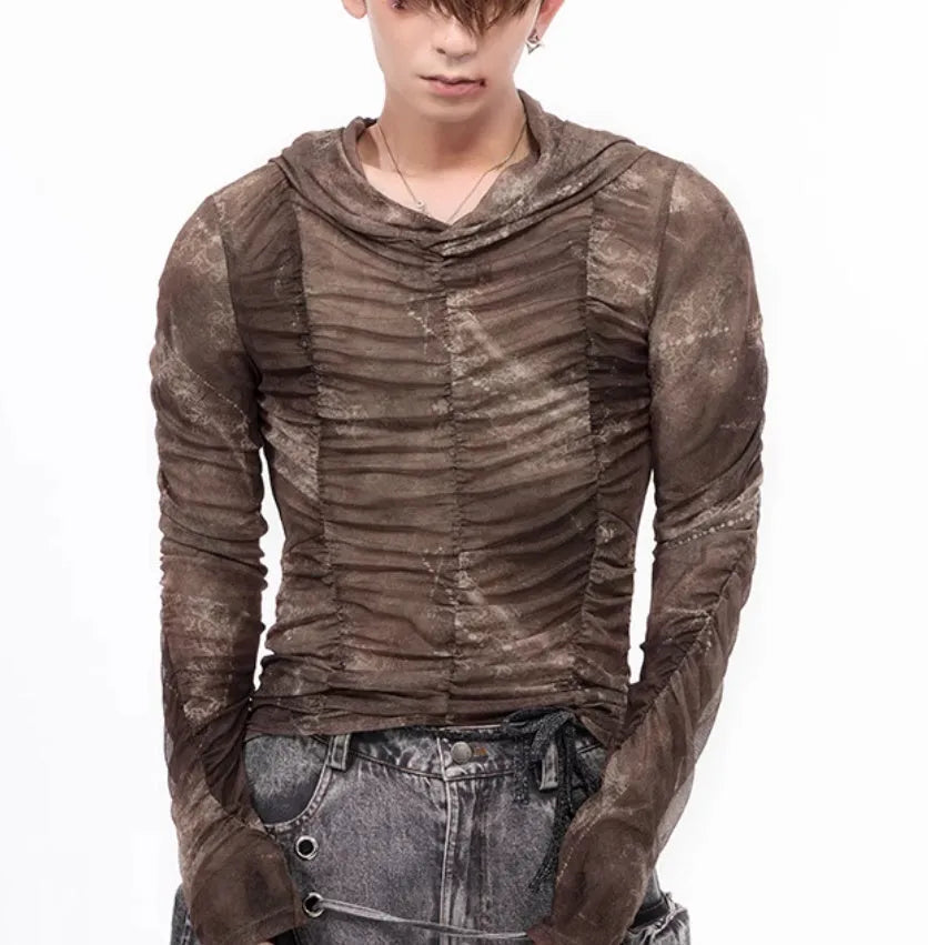 Boys' lightweight ice silk printing pleating inner wear shirt in pictured colour on hanger.