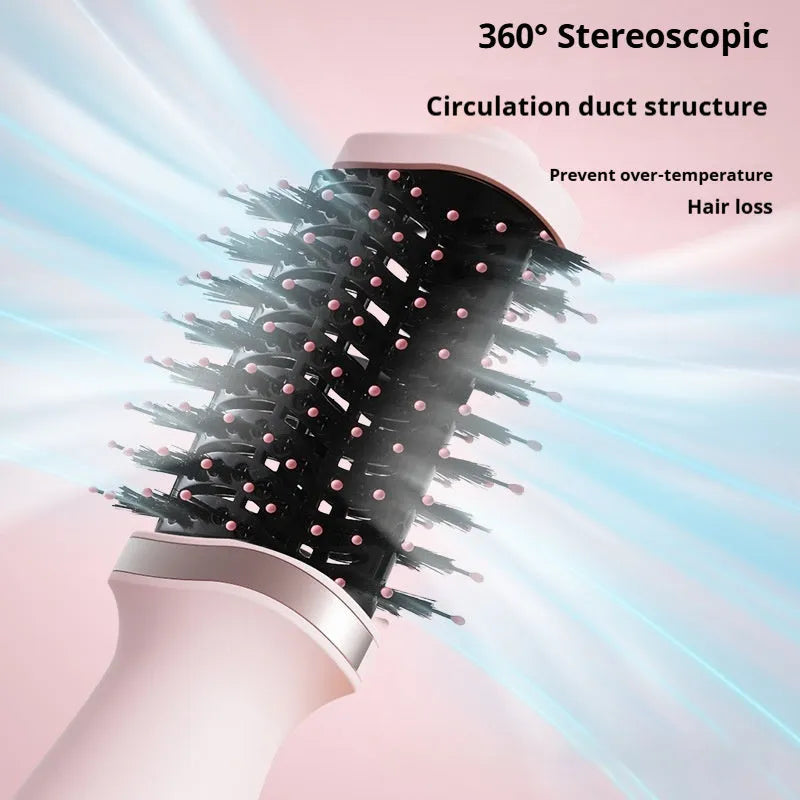 Pink multifunctional hair dryer with integrated comb and curling attachments on white background