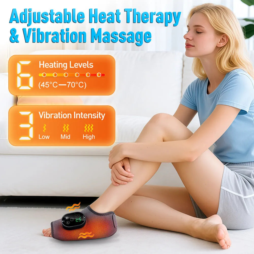 Portable hot compress vibration foot massager in grey or black, neoprene and ABS, 46 x 32 cm, 3000 mAh battery.