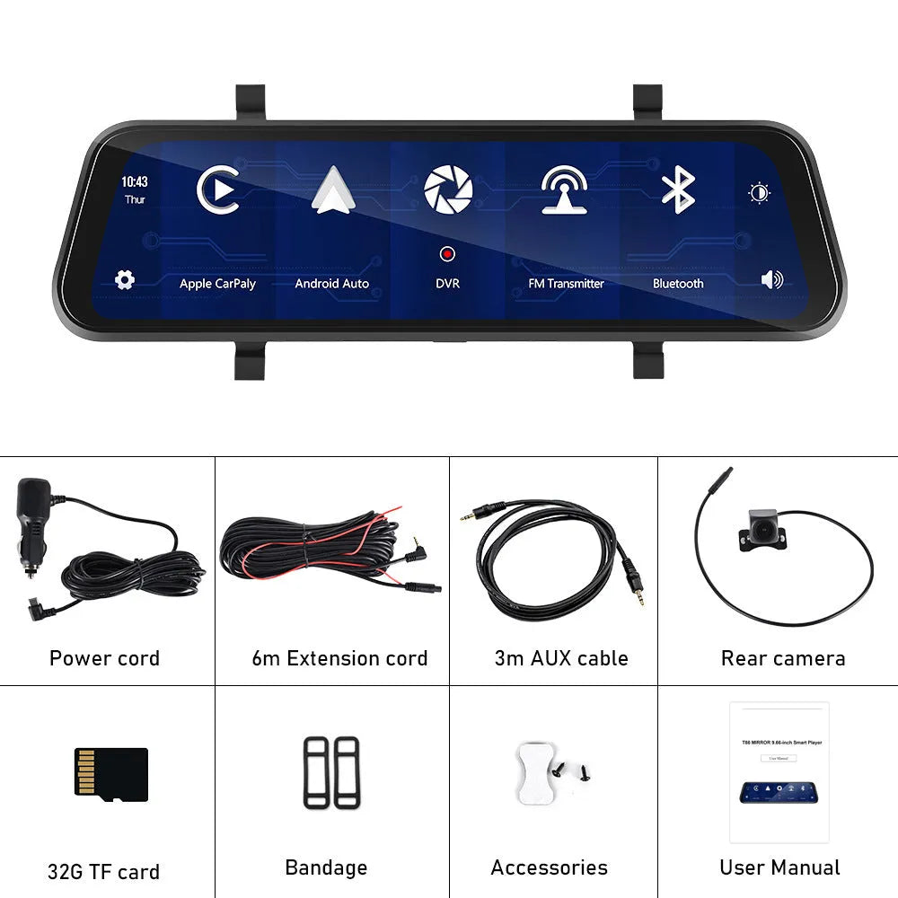 9.66 inch mirror-mounted car dash cam with rear view camera displayed with 64GB memory card and installation kit