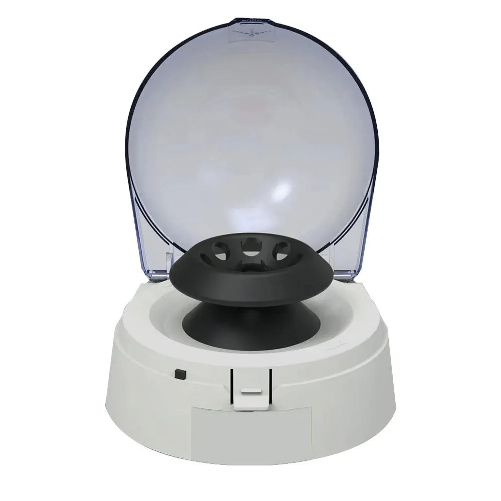 Mini laboratory electric centrifuge unit on a bench, showing compact size.