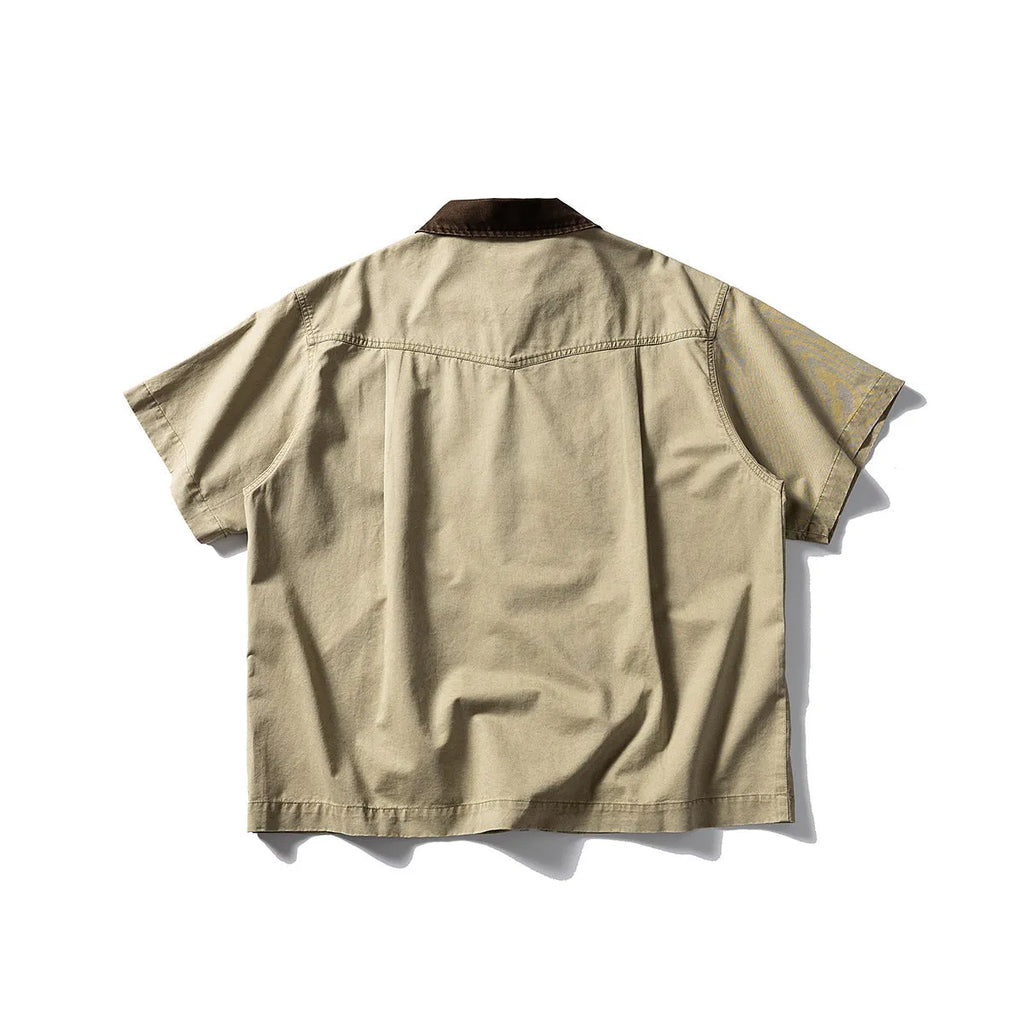 Short sleeve washed overalls shirt in loose cardigan style, cotton fabric, khaki or grey colours