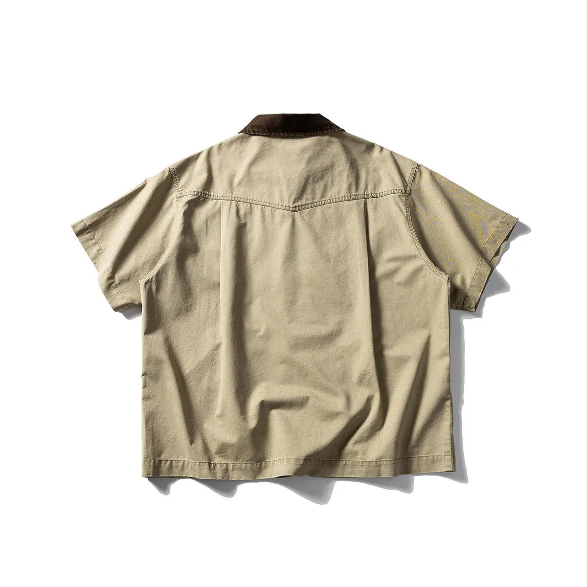Short sleeve washed overalls shirt in loose cardigan style, cotton fabric, khaki or grey colours