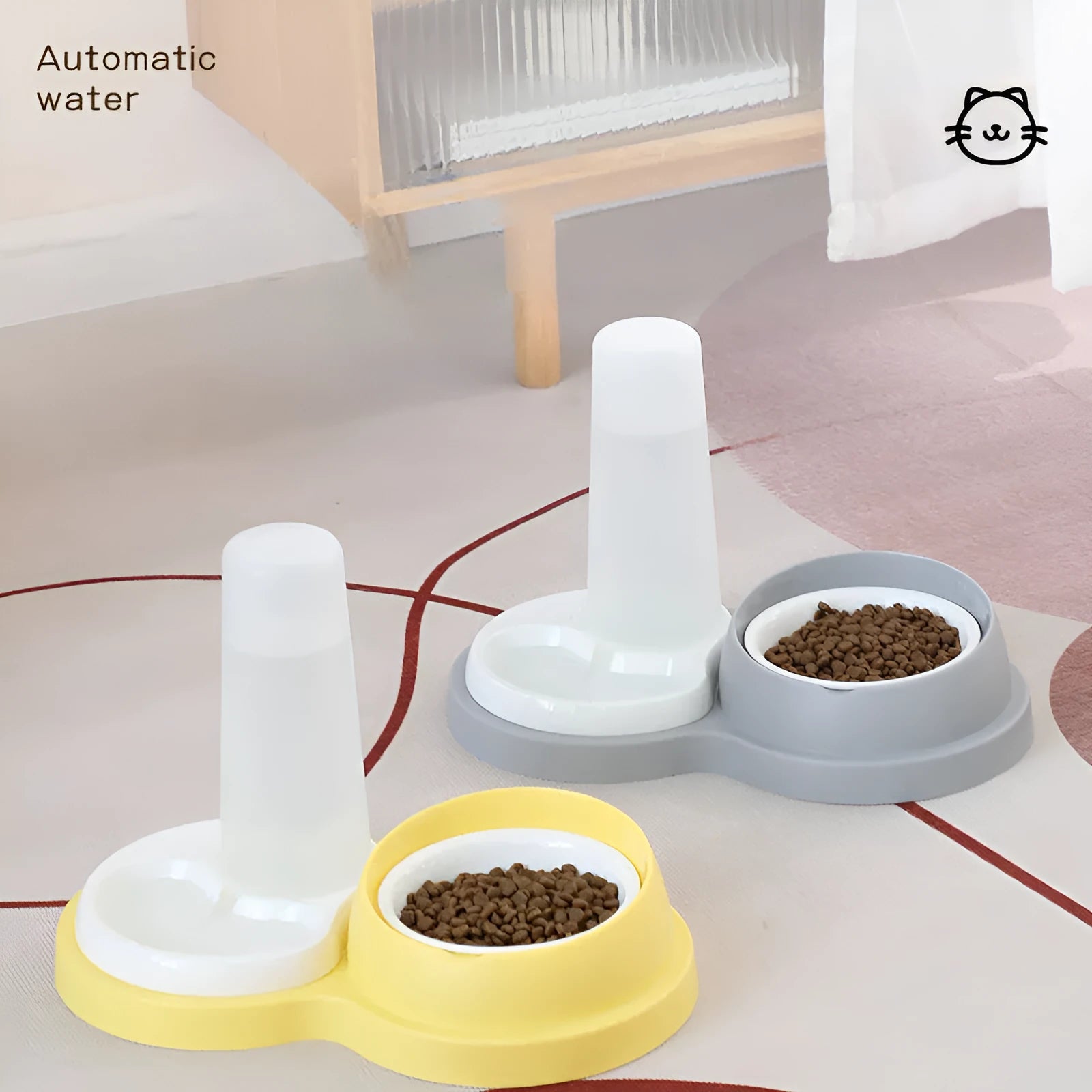 Grey ceramic dual pet feeding bowl with water dispenser and non-slip base.