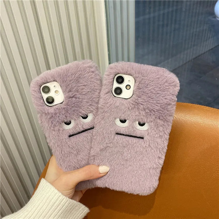 Purple plush phone case cover with funny emoticon design for iPhone models