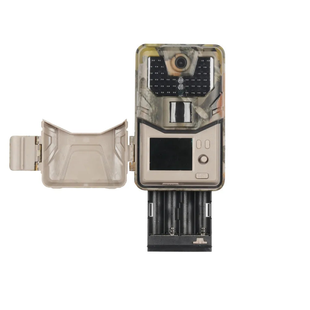 Camouflage trail camera with LCD screen showing a night-time infrared image of a deer.