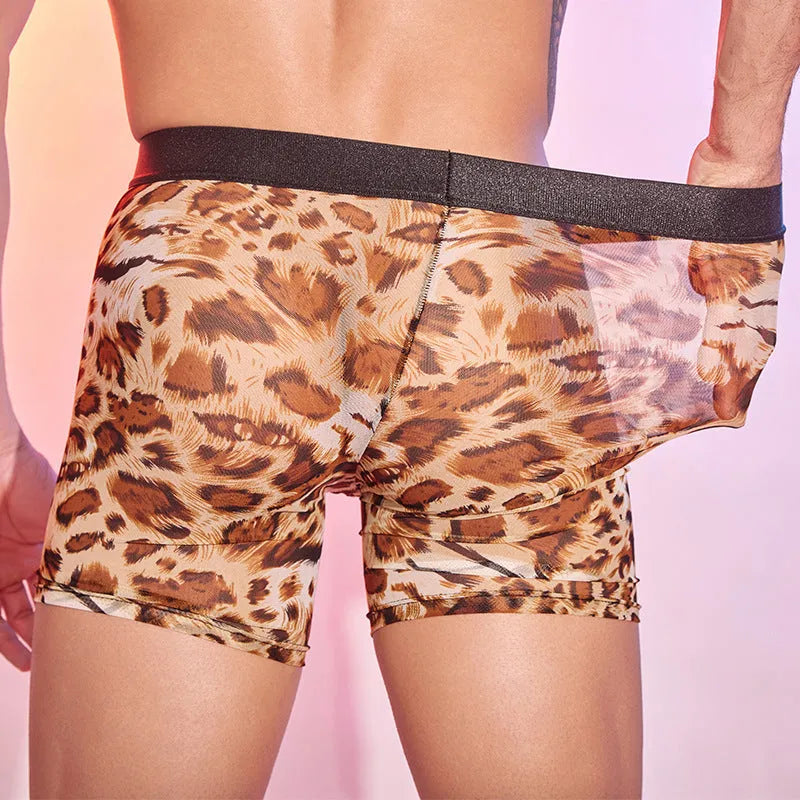 Men's leopard print boxer shorts on a white background