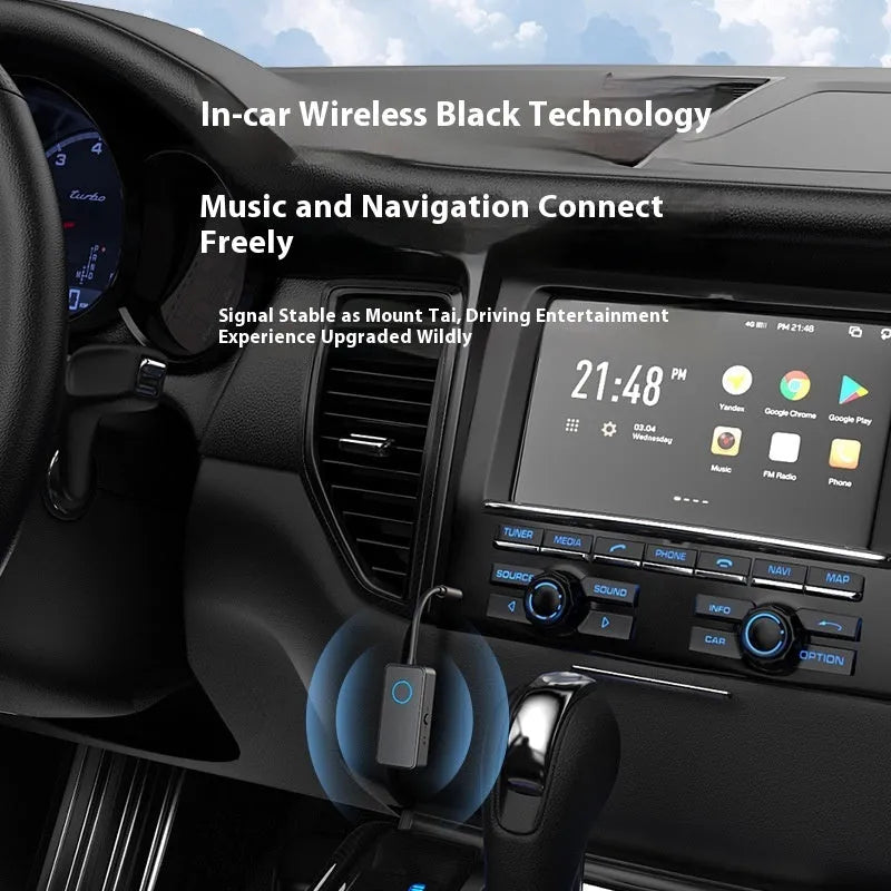 Black Bluetooth 5.4 audio adapter with flexible 3.5mm plug for wireless streaming.