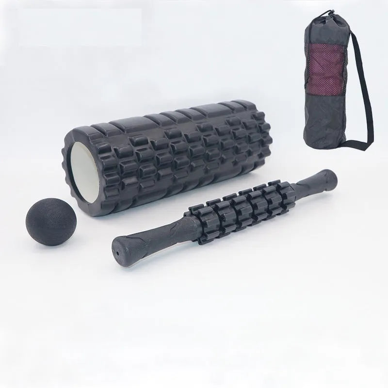 Black handheld foam massage roller stick with six gear pieces, 33cm long