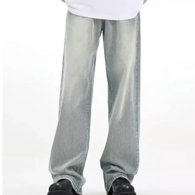 Blue loose-fit retro casual trousers made from high-elasticity rabbit fur fabric on a size chart.
