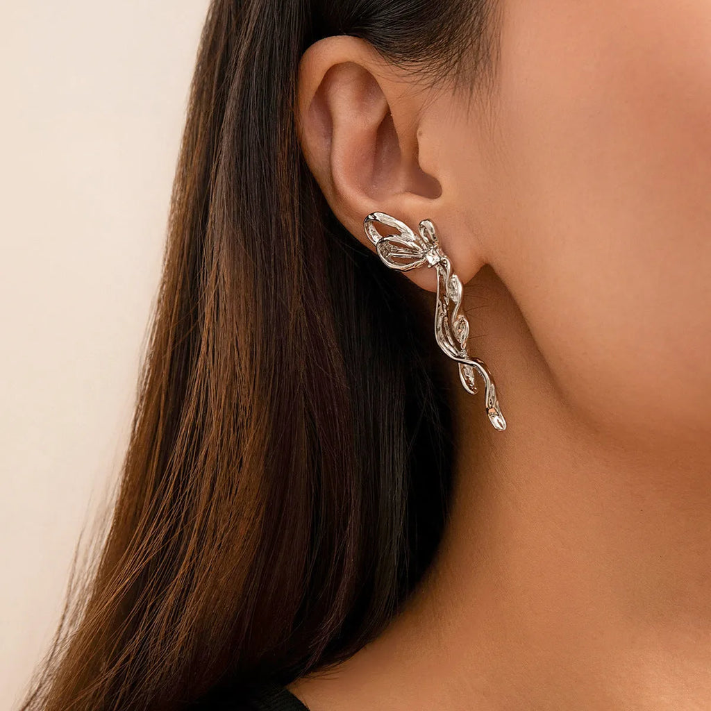 Bowknot earrings for women, alloy with electroplated White K finish, stud style, approximately 2.5cm width