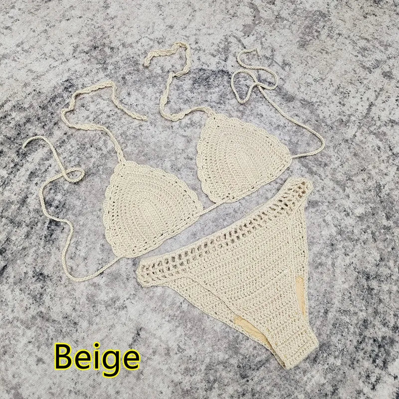 Women's handmade crochet three-piece bikini and beach skirt swimsuit set
