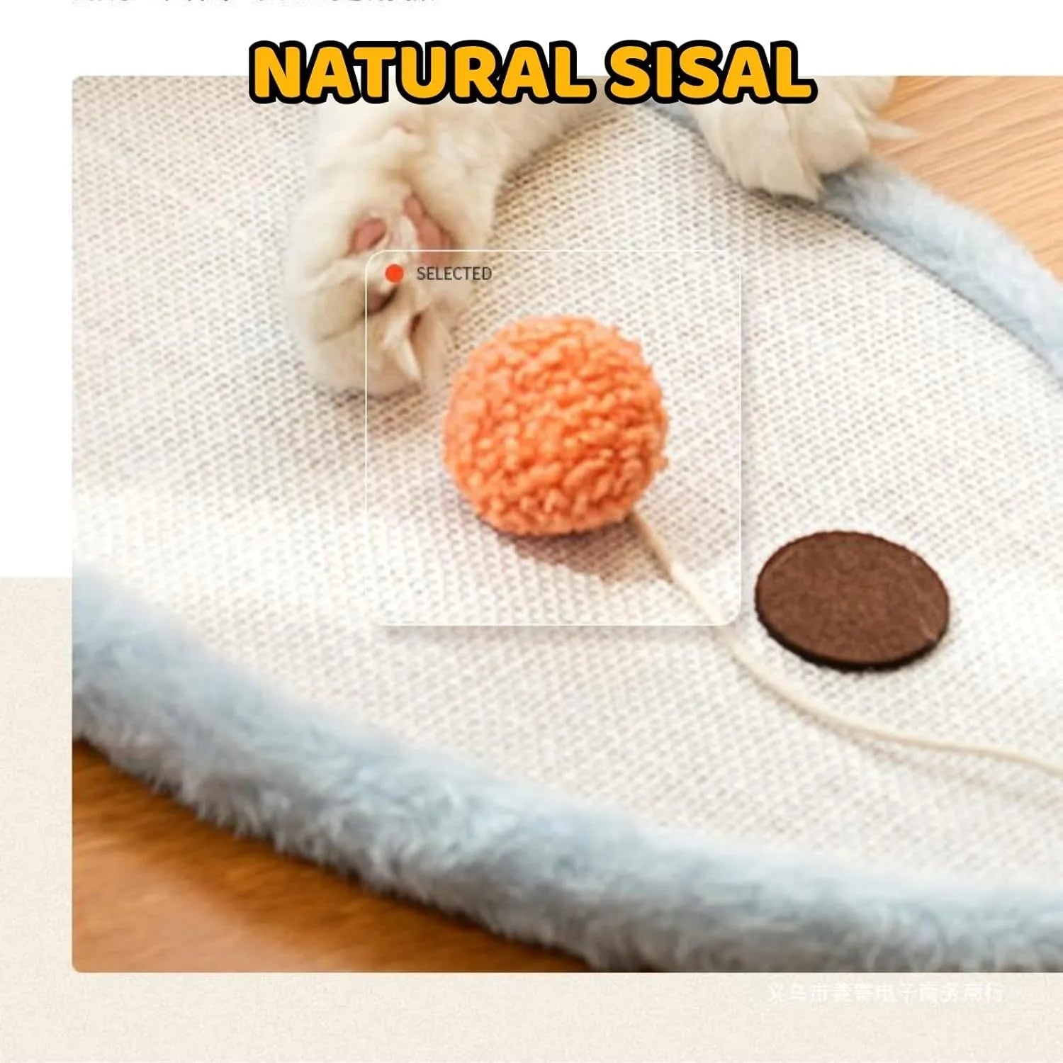 White cat scratching mat with sleeping cat pattern made from natural sisal rope