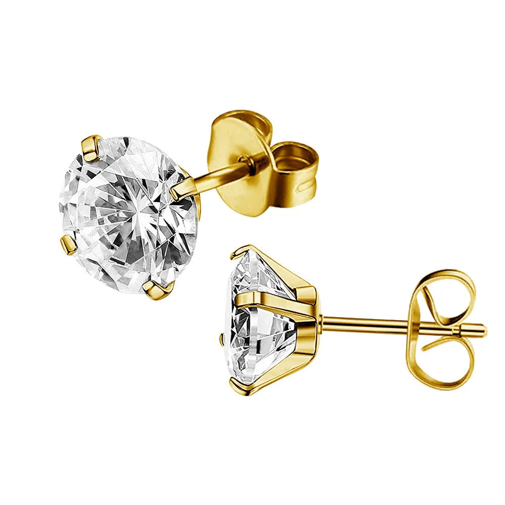 Simple geometric stud earrings with a round zircon stone on a stainless steel post, available in gold or steel colour.