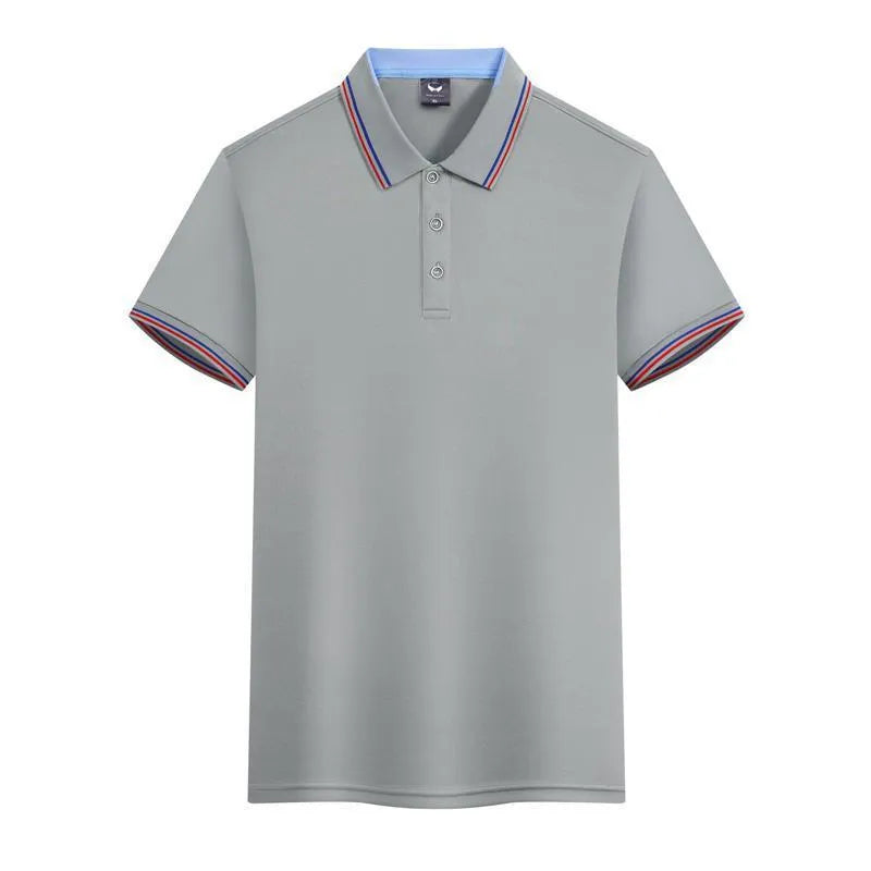 Men's slim fit polo shirt in quick-dry polyester fabric showing colour options including blue gray and dark green