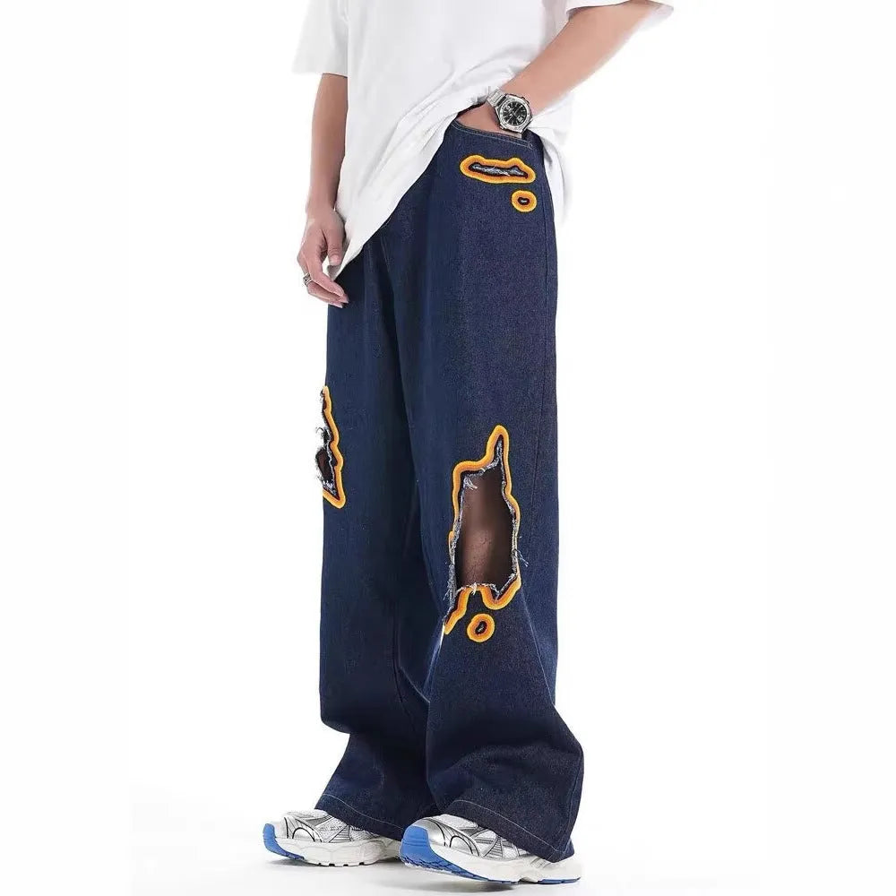 Retro washed ripped embroidery loose straight-leg trousers in white with zipper fly