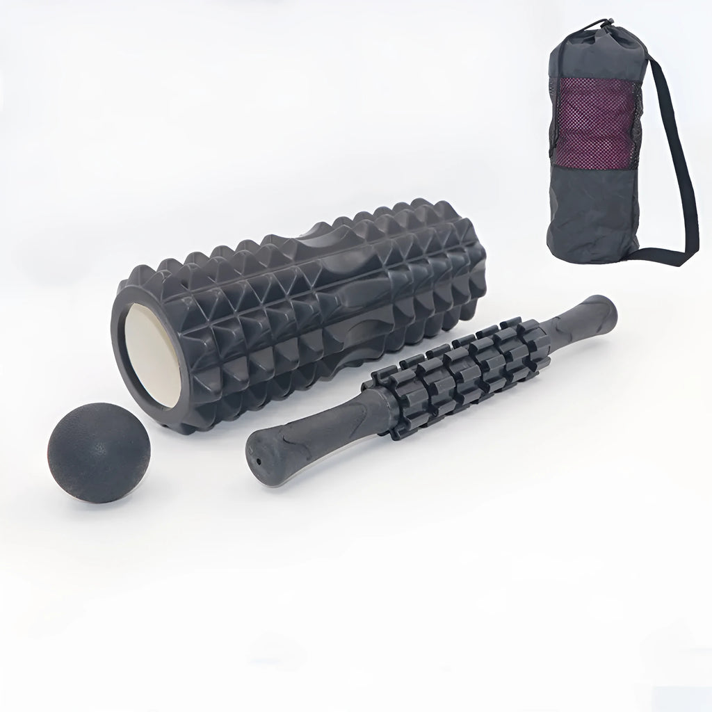 Black handheld foam massage roller stick with six gear pieces, 33cm long