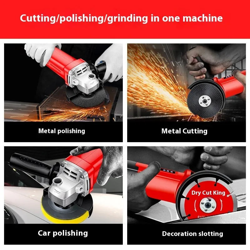 Angle grinder with 710W input, 1600W output, 100mm disc, and 10mm chuck for cutting and grinding