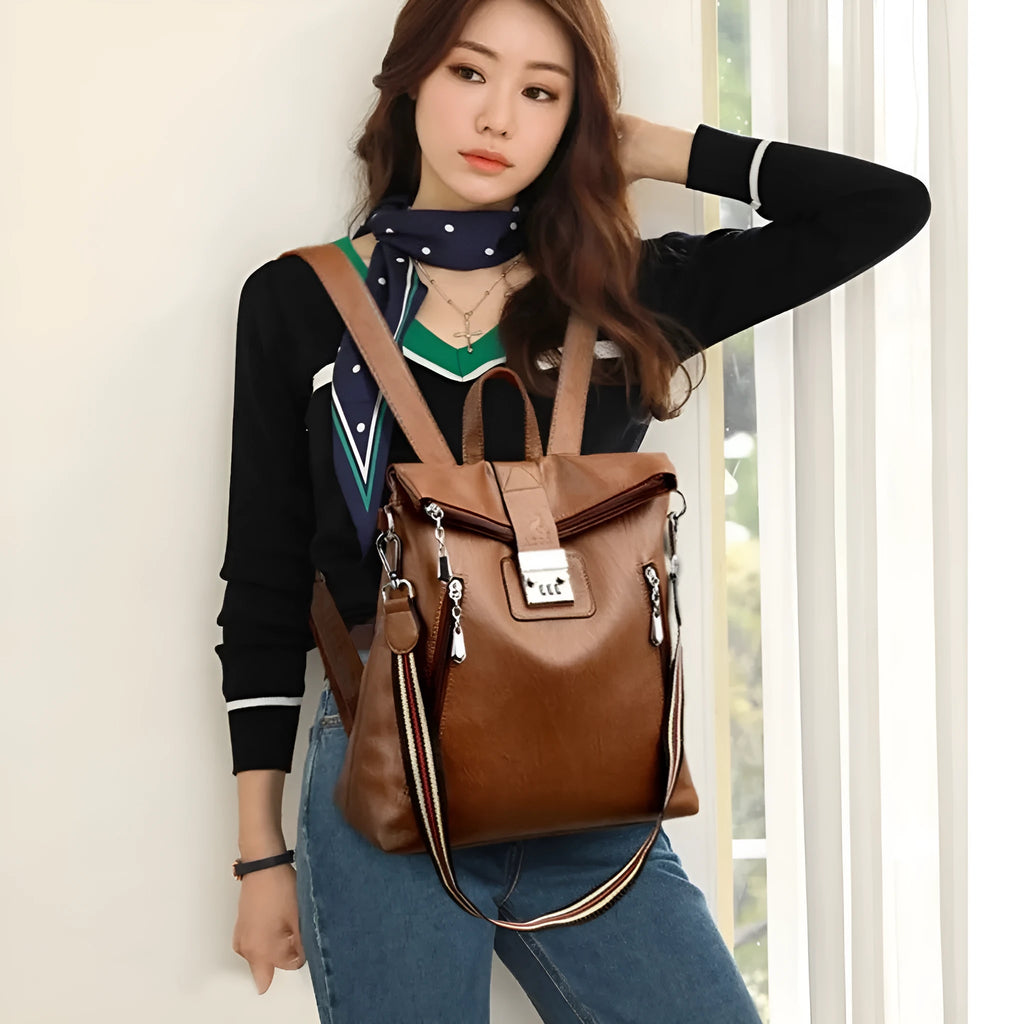 Anti-theft password backpack for women in blue with PU outer, nylon lining, soft build and outer slit pocket