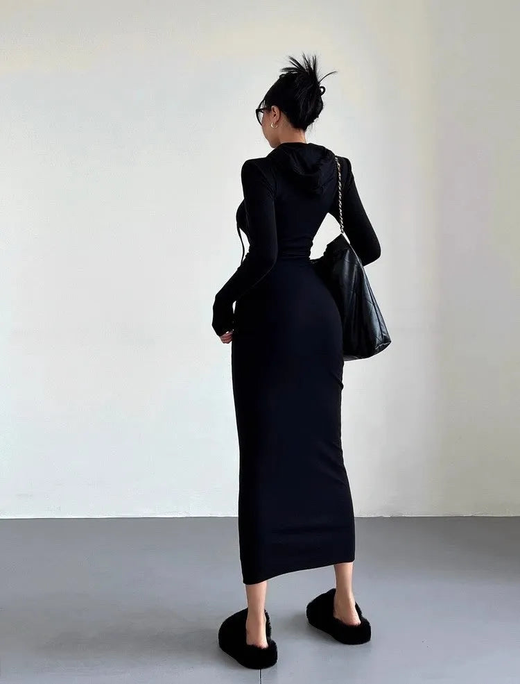 Women's grey hooded long sleeve sheath dress with high waist and over the knee length.