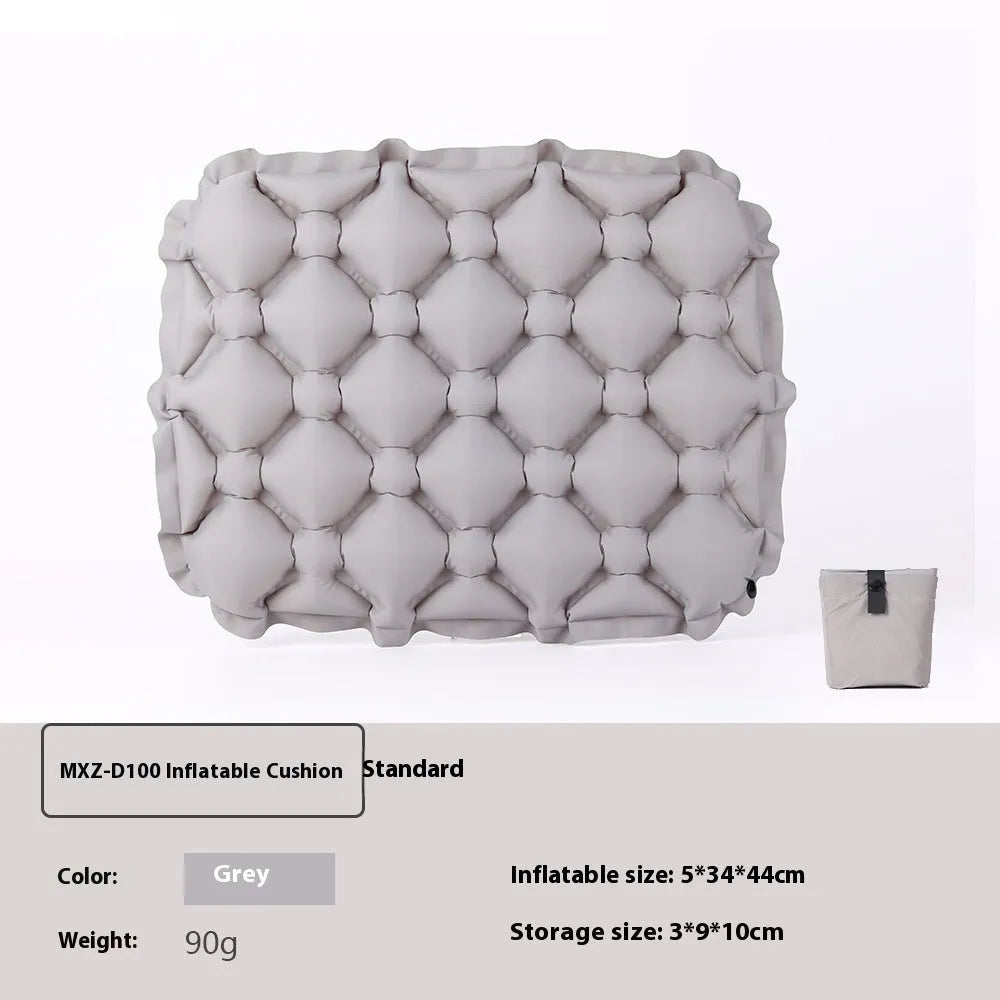 Inflatable camping cushion in grey, 40D nylon TPU, measures 5x34x44cm, lightweight and waterproof for outdoor use