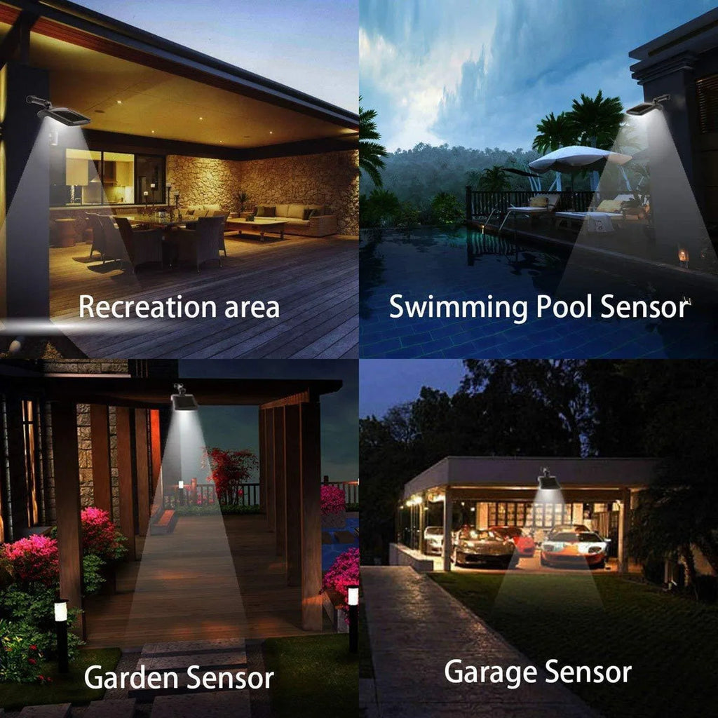 Black solar-powered outdoor wall light with motion sensor and 36 LEDs on an adjustable mount.