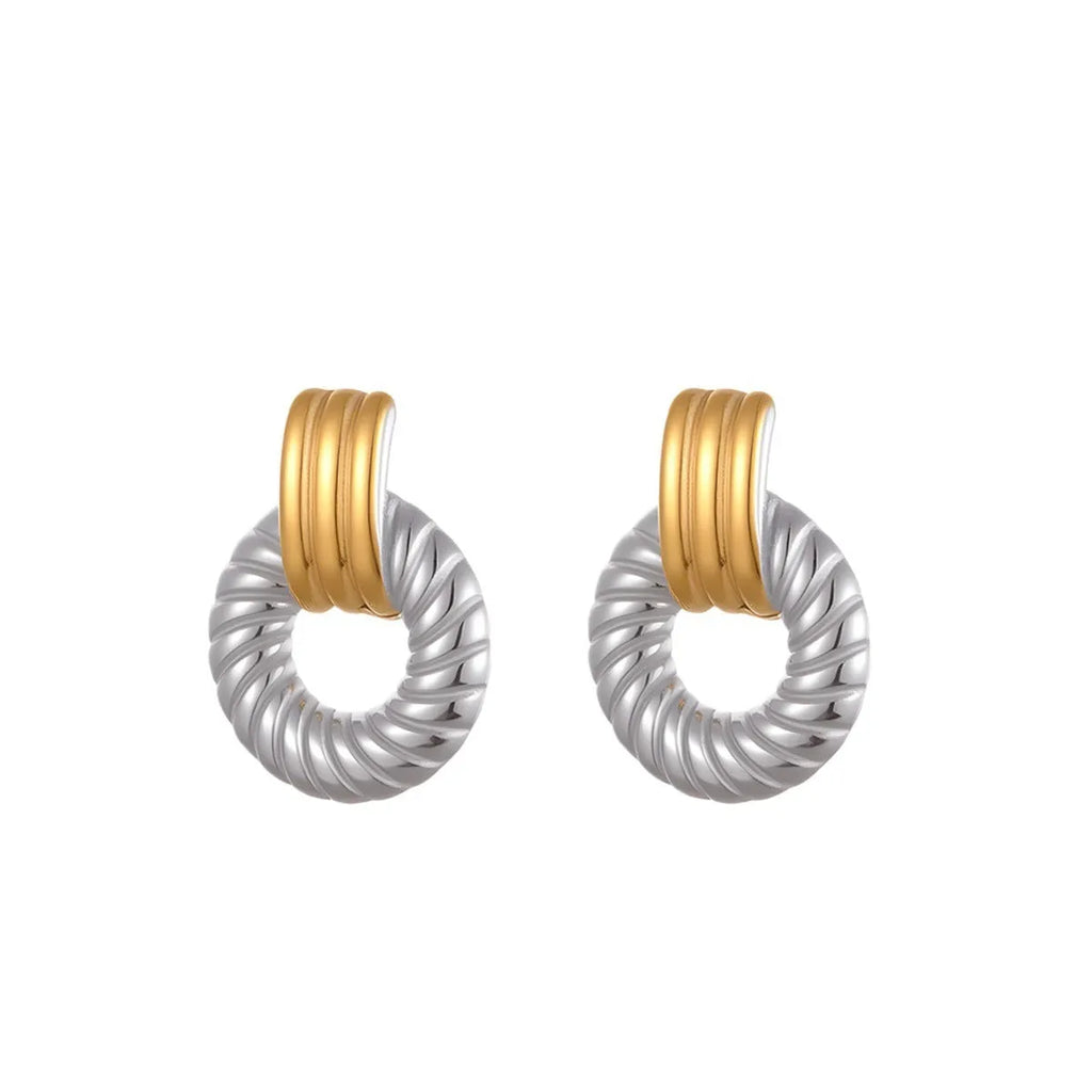Stainless steel geometric earrings for women with 18K gold and silver colour matching round ring line design