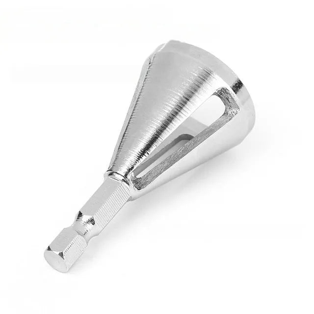 Single high-speed steel deburring chamfering drill bit with hexagonal three-groove shank on neutral background
