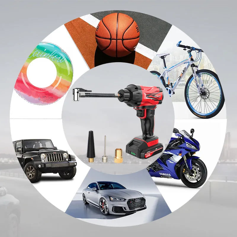 Red and black wireless car air pump with digital display, power cable, and multiple nozzle attachments