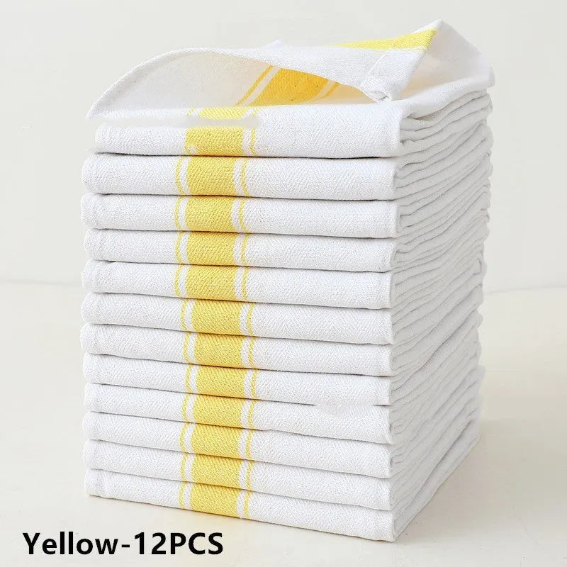 Pack of 12 striped cotton dish towels in various colours, each measuring 48 by 70 centimetres.