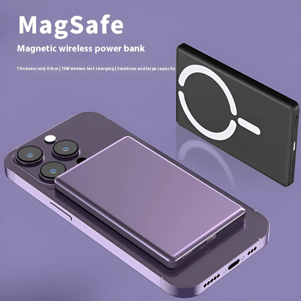 Ultra-thin magnetic power bank in dark gray, silver, black or violet with alloy shell
