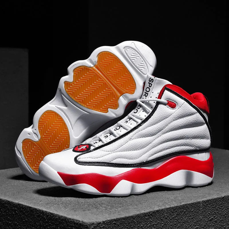 Men's high-top basketball shoes with mesh upper and thick rubber sole in AJ13 colour options