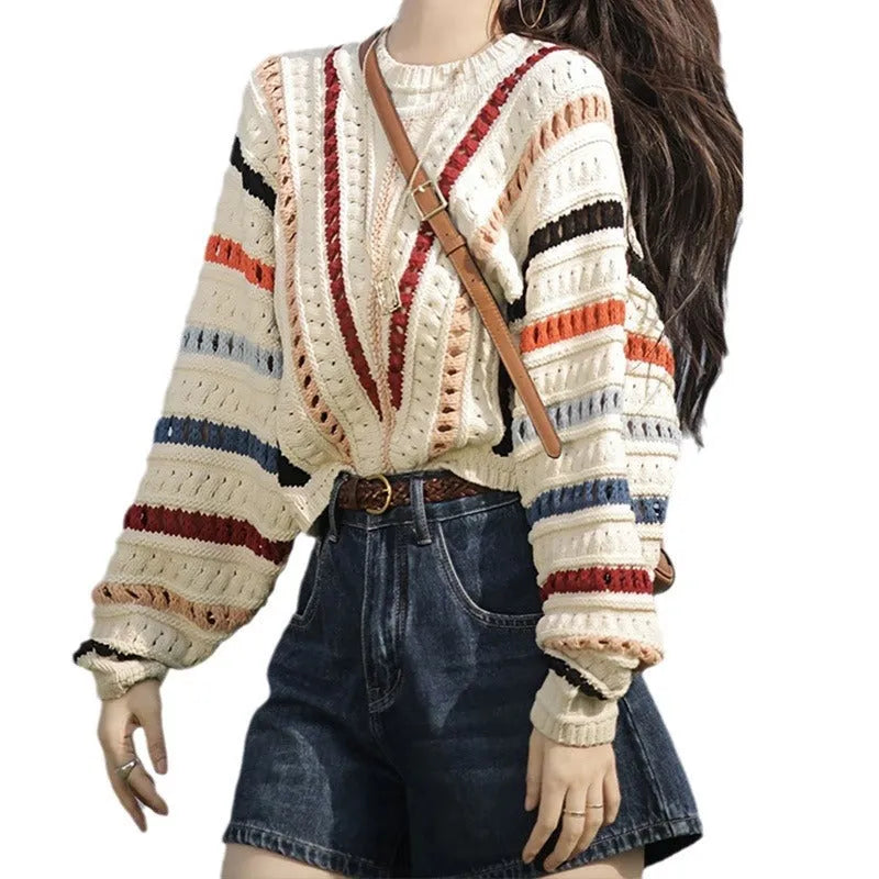 Retro rainbow striped cashmere blend sweater with batwing sleeves and round neck