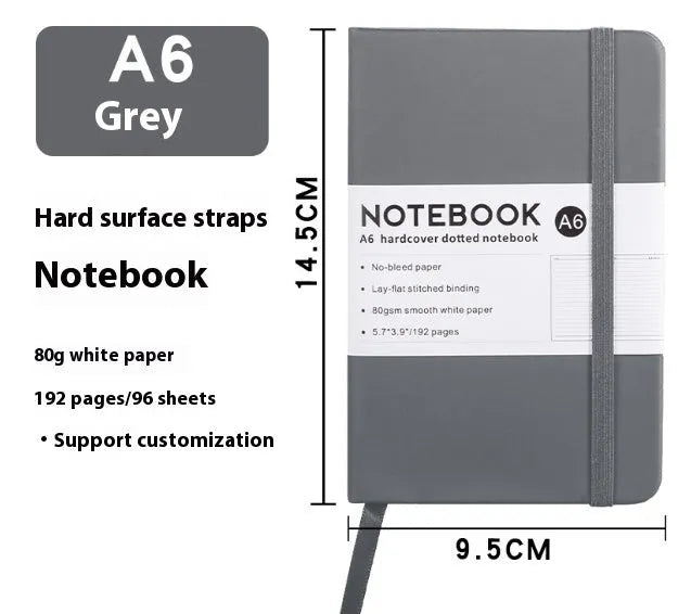 A5 office diary with hand skin feeling PU leather cover and strap closure, open to show horizontal line pages.