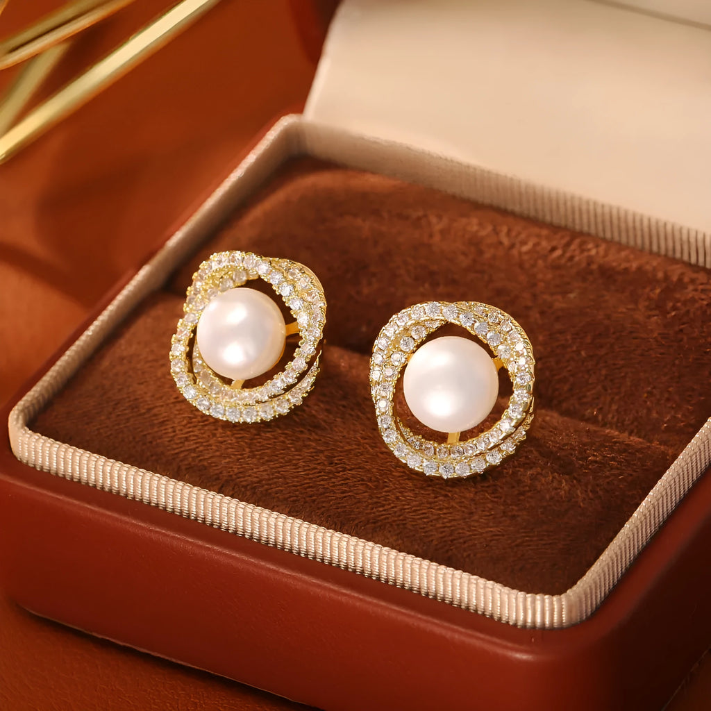Natural pearl stud earrings with real gold plating over environmentally friendly copper, geometric round shape for women