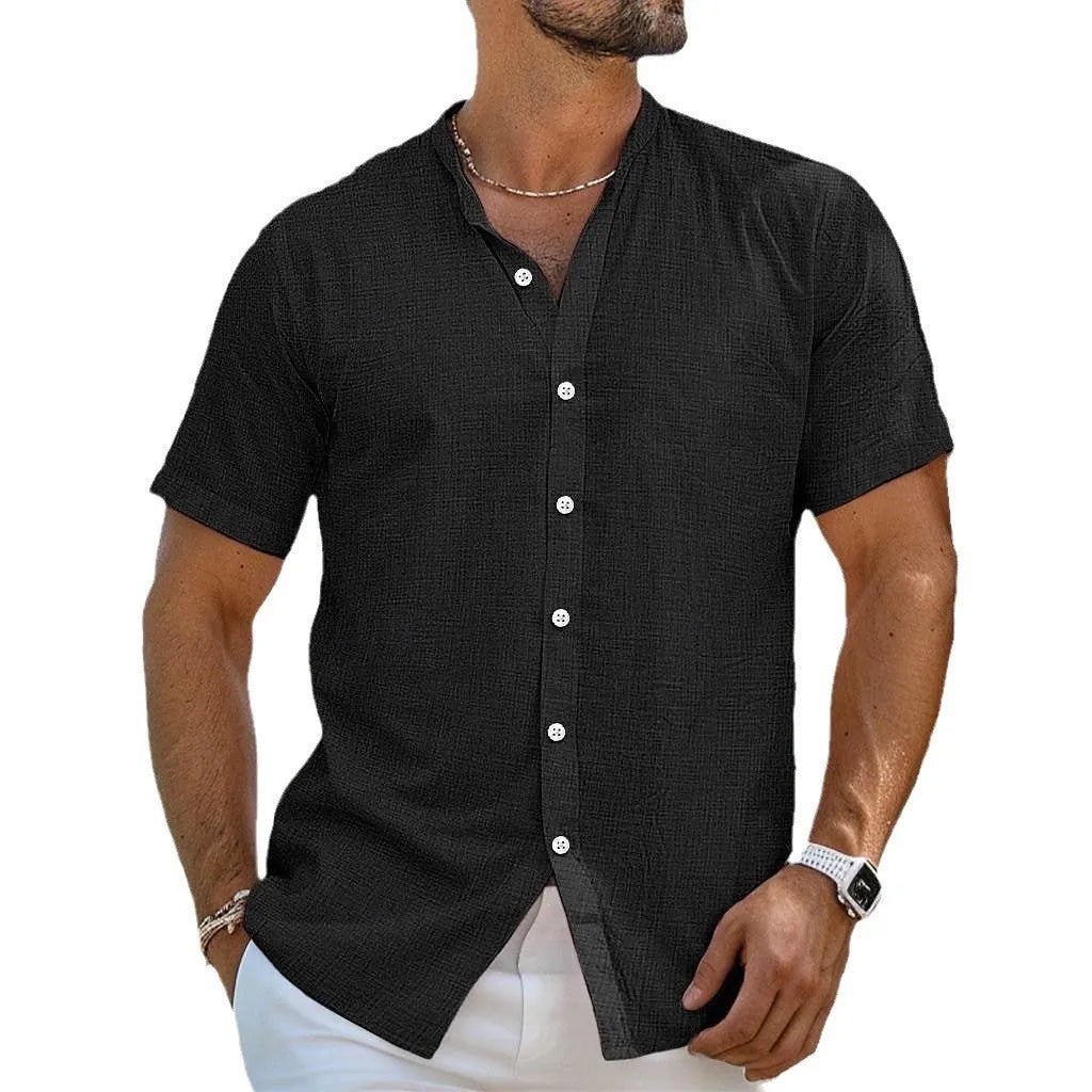 Men's light blue cardigan shirt with Henry collar and short sleeves in loose fit