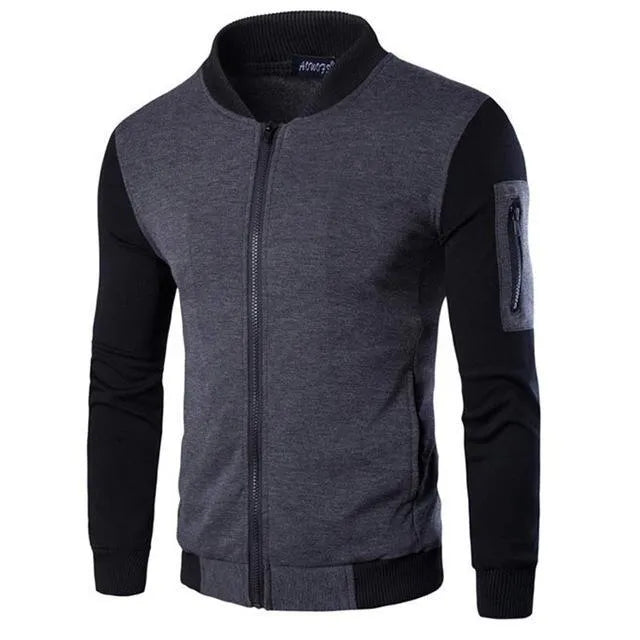 Men's patchwork sleeve jacket with zip front in black, gray, or PU gray, sizes M to XXXL