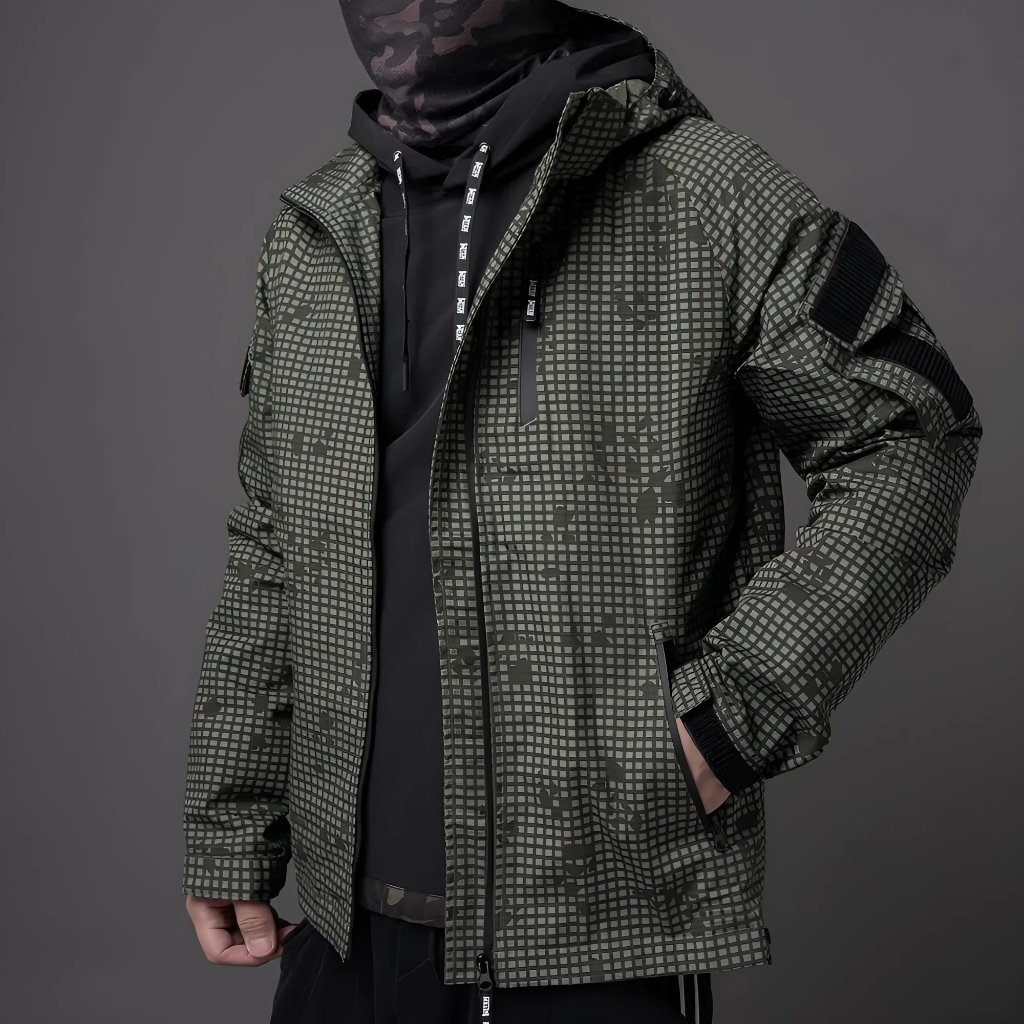 Lightweight polyester tactical coat in smoke green with front nylon zipper for commuter outdoor use