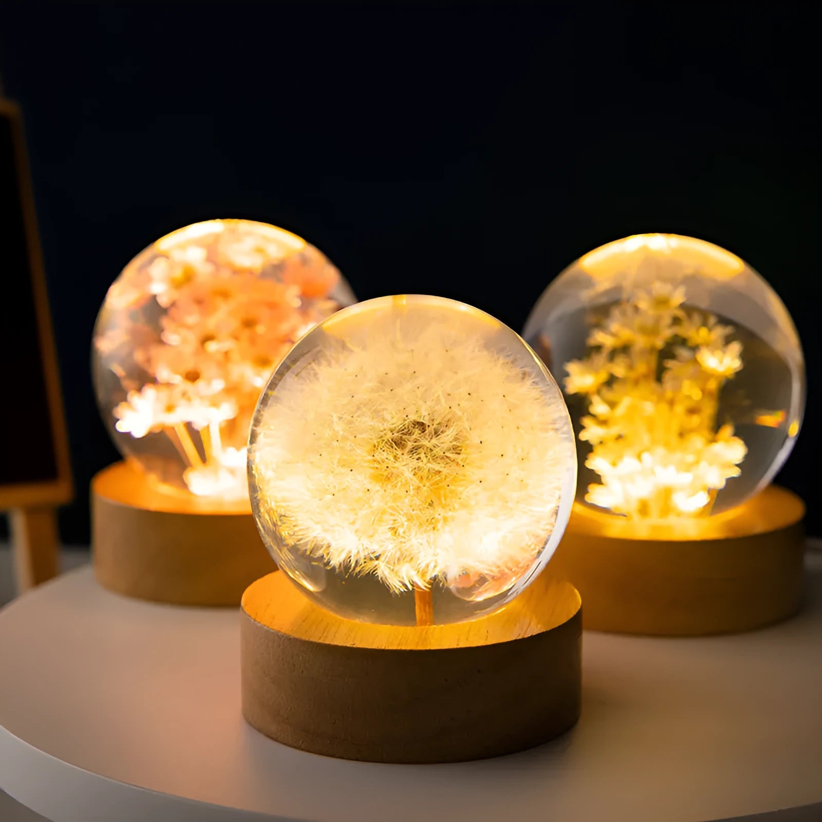 3D dandelion crystal ball USB night light on a beech wood base, 6cm diameter