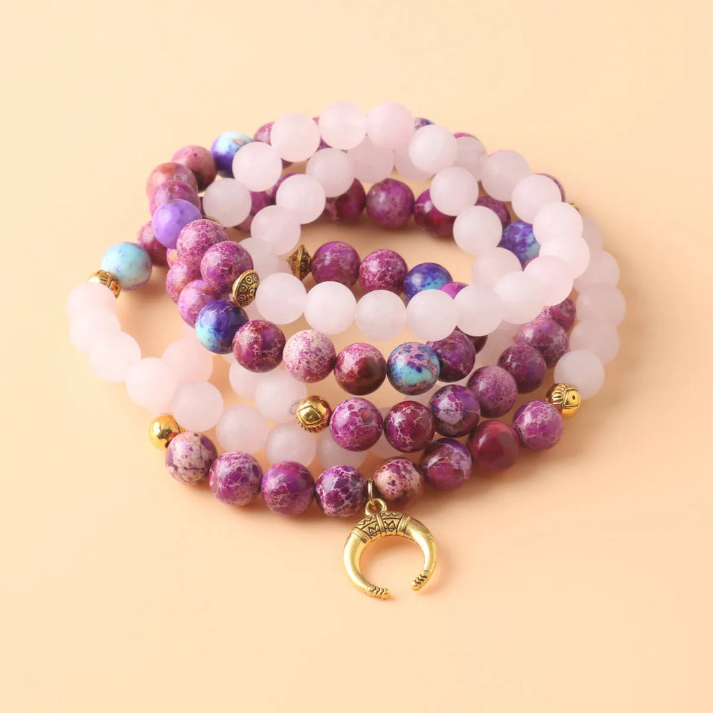 Pink crystal beads and Emperor Stone round pendant on women's personalised necklace