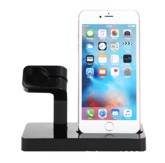 White Apple Watch and iPhone 2-in-1 charging dock station on a wooden desk.