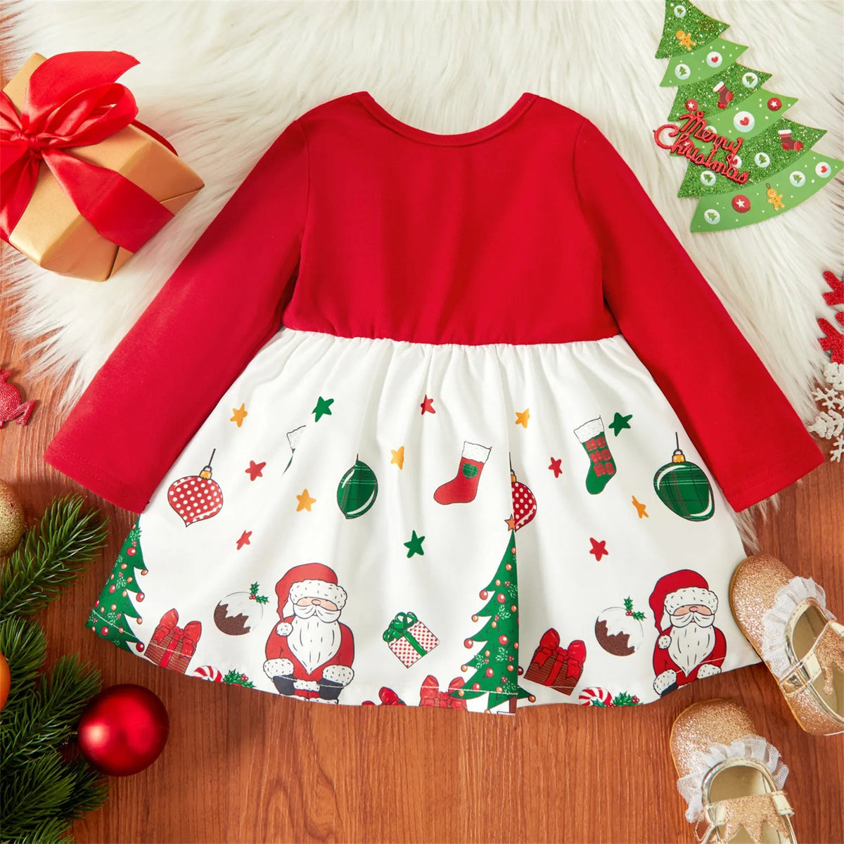 Red Christmas baby dress with cake skirt in artificial coloured cotton for girls