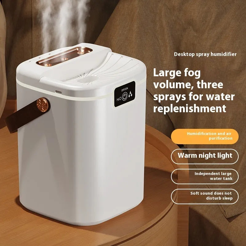 USB humidifier in white with square plastic body, multiple fog outlets, and ambience light