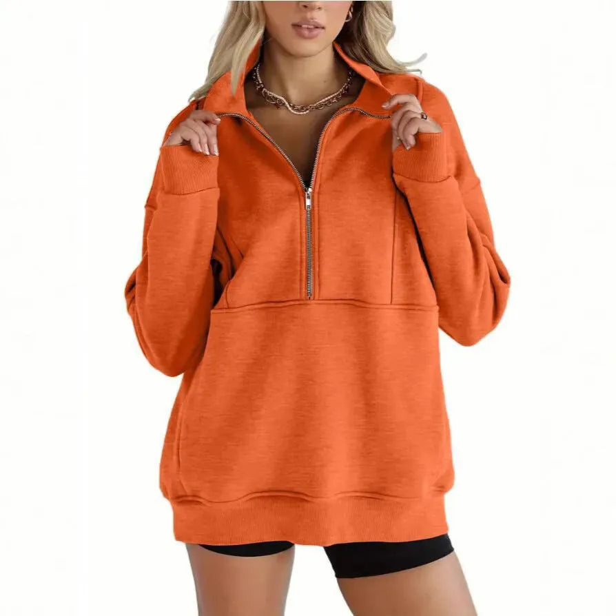 Women's loose polyester brushed hoody with zipper pocket in street hipster style, roomy fit, thick fabric